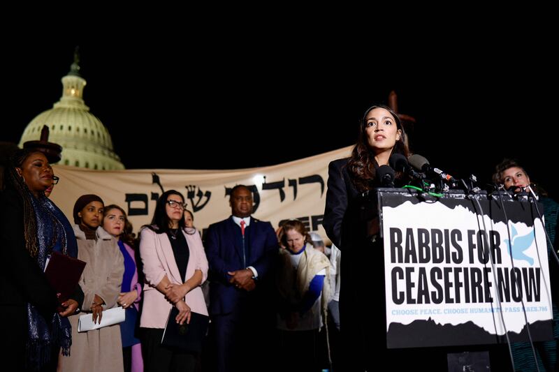 Alexandria Ocasio-Cortez speaks at a news conference in Washington on Monday calling for a ceasefire in Gaza. AFP