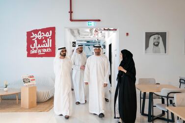 Sheikh Mohammed bin Rashid, Vice President and Ruler of Dubai, and Sheikh Mohamed bin Zayed, Crown Prince of Abu Dhabi and Deputy Supreme Commander of the Armed Forces, tour the Abu Dhabi Youth Hub.Hamad Al Mansoori for the Ministry of Presidential Affairs