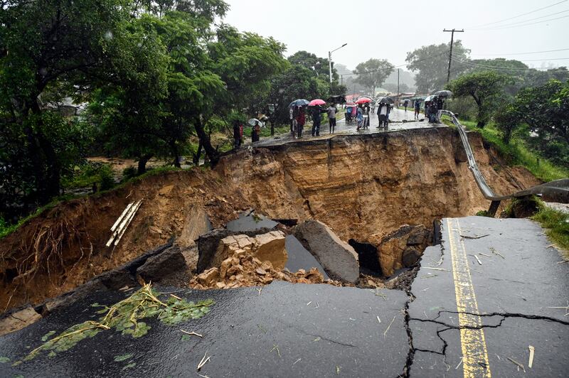 A road connecting the cities of Blantyre and Lilongwe is damaged after heavy rains caused by Cyclone Freddy in Malawi. AP Photo


