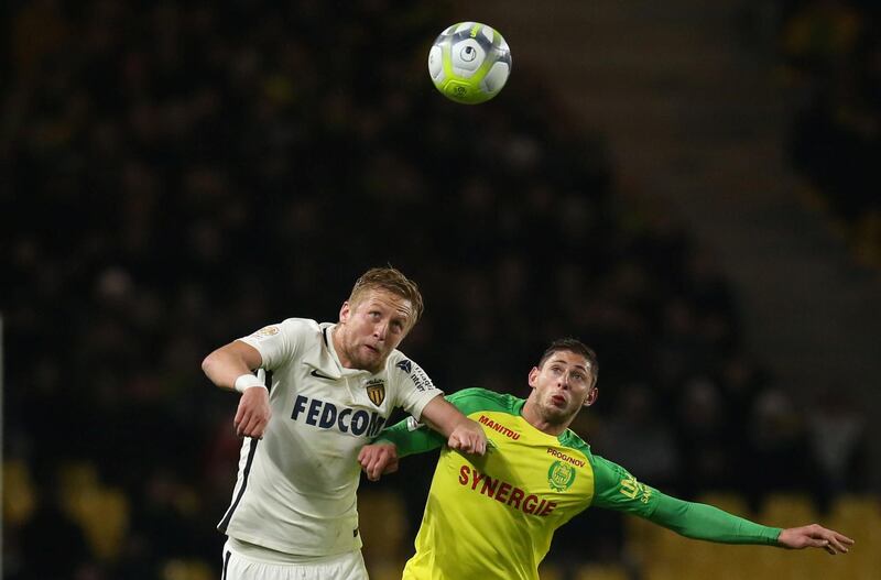 Monaco's Kamil Glik in action with Nantes' Emiliano Sala in November 2017. Reuters