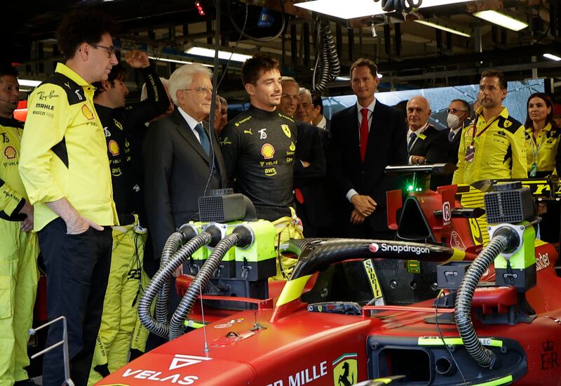 Ferrari team principal Mattia Binotto, Charles Leclerc, Carlos Sainz, Ferrari CEO John Elkann with the President of Italy Sergio Mattarella. Reuters