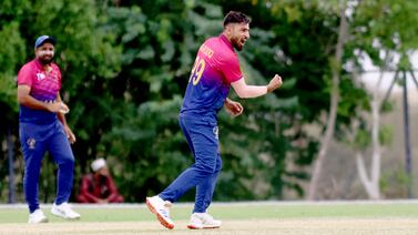 Mohammed Farooq took a wicket on his UAE debut in the ACC Premier Cup win over Kuwait in Oman. Subas Humagain for The National