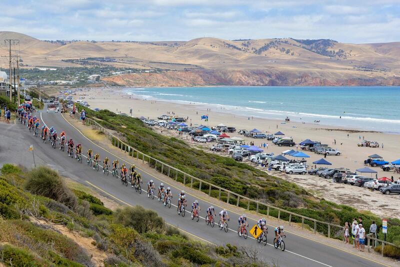 The peloton ride through Aldinga during Stage 5 of the Tour Down Under in Adelaide on Sunday, January 26. AFP