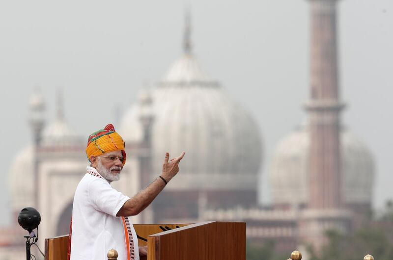 Indian Prime Minister Narendra Modi addresses the nation during Independence Day celebrations at the historic Red Fort in Delhi. Reuters