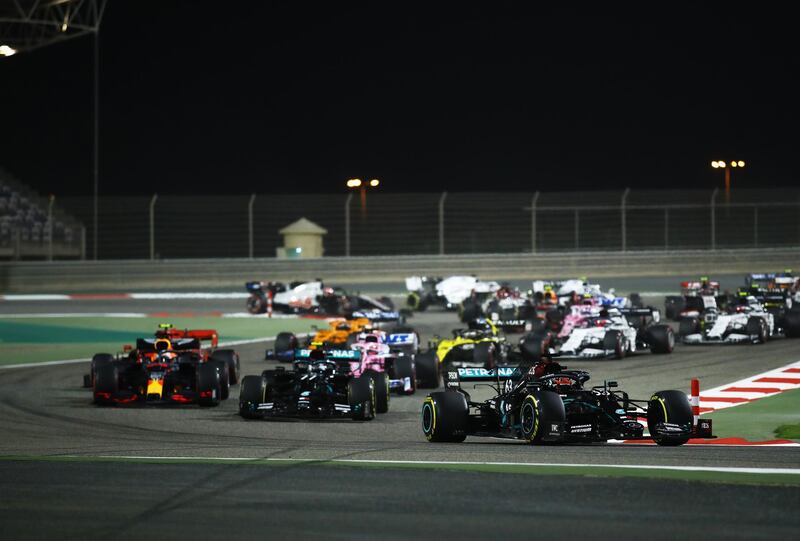 Mercedes' George Russell leads the race in Bahrain. Getty