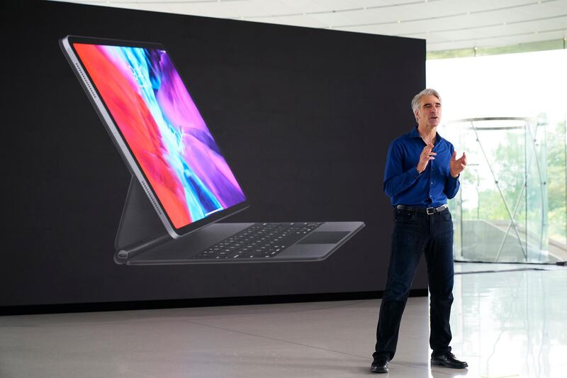 In this photo provided by Apple Inc., senior vice president of Software Engineering Craig Federighi speaks during the keynote address of the 2020 Apple Worldwide Developers Conference, in Cupertino, Calif.  AP