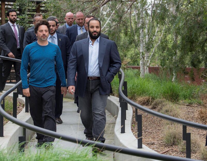 Saudi Arabia's Crown Prince Mohammed Bin Salman walks during his visit to Google company in Silicon Valley, U.S., April 6, 2018.  Bandar Algaloud/Courtesy of Saudi Royal Court/Handout via REUTERS  THIS IMAGE HAS BEEN SUPPLIED BY A THIRD PARTY.