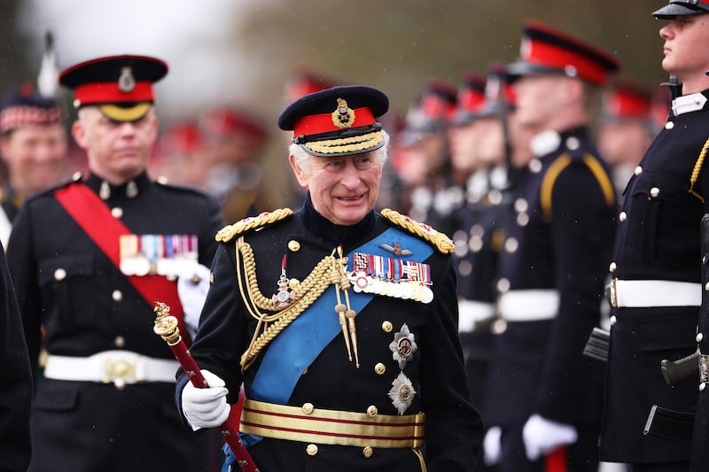 King Charles  inspects the 200th Sovereign's parade at Royal Military Academy Sandhurst in April 