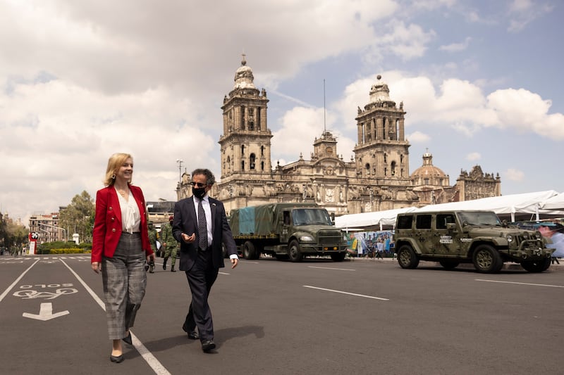 The British foreign secretary on the Plaza de la Constitucion in Mexico City, during a trip to Mexico in September 2021. Photo: No. 10, Downing Street