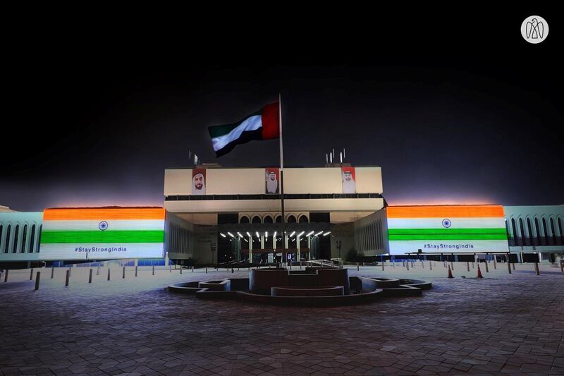 The Indian flag is projected onto prominent buildings in Abu Dhabi in solidarity with the country's struggle against COVID-19. Abu Dhabi Media Office