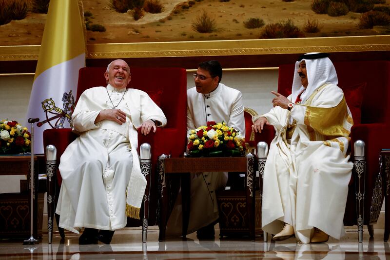 Pope Francis reacts during a meeting with Bahrain's King Hamad bin Isa Al Khalifa in the Sakhir Palace during his apostolic journey, south of Manama, Bahrain. Reuters