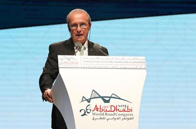 ABU DHABI,  UNITED ARAB EMIRATES , OCTOBER 6 – 2019 :- Claude Van Rooten , President of PIARC speaking during the opening ceremony of the 26th World Road Congress held at Abu Dhabi National Exhibition Center in Abu Dhabi. ( Pawan Singh / The National ) For News. Story by Patrick