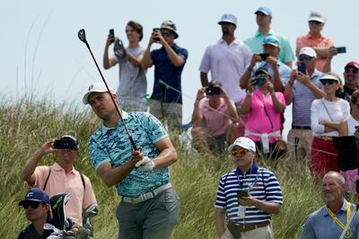 Jordan Spieth hits on the 17th hole during a practice round at the PGA Championship golf tournament on the Ocean Course Tuesday, May 18, 2021, in Kiawah Island, S.C. (AP Photo/Matt York)