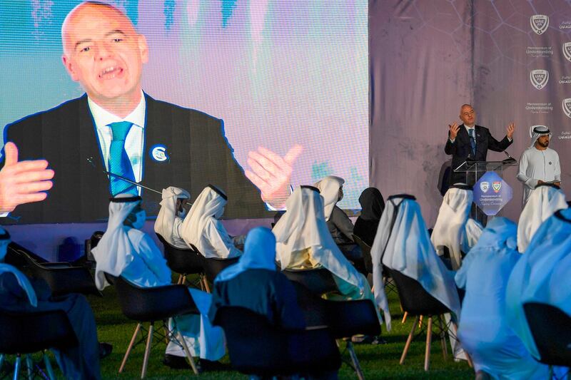 FIFA president Gianni Infantino speaks during the signing ceremony.  AFP