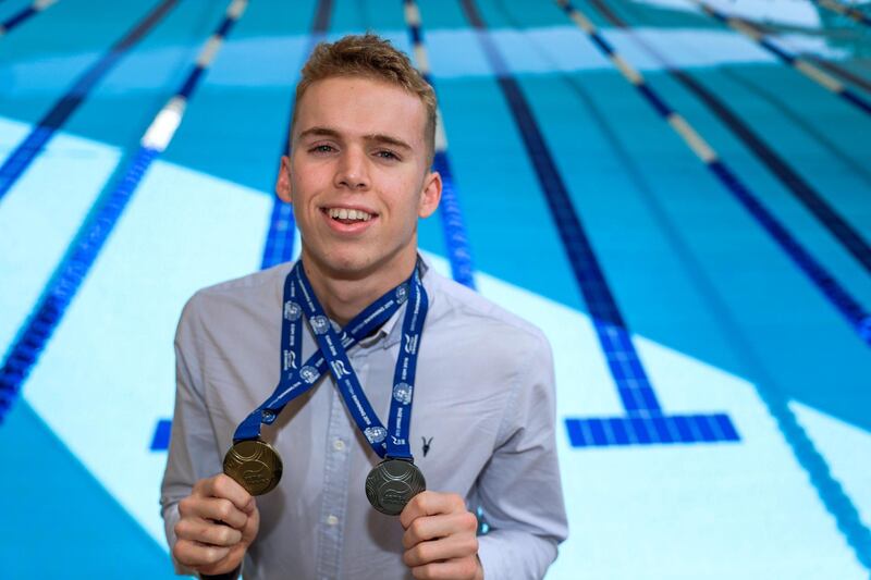 Dubai, UAE, March 7, 2017.  Lewis Burras, a student as JESS School Dubai, has returned home from the British Swimming Championships with 2 gold medals and 1 silver. 
Victor Besa / The National
Sports
Reporter:  Steve Luckings