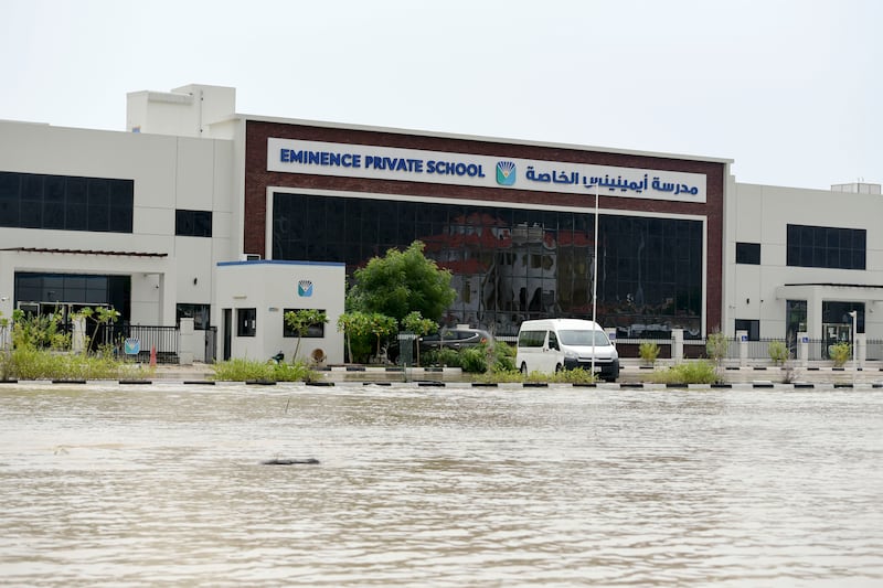 Eminence Private School surrounded by water after heavy rains in Fujairah. Khushnum Bhandari / The National