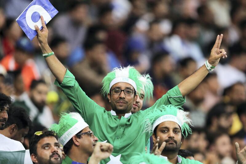 DUBAI , UNITED ARAB EMIRATES, September 19 , 2018 :- Supporters of Pakistan during the  Asia Cup UAE 2018 cricket match between Pakistan vs India held at Dubai International Cricket Stadium in Dubai. ( Pawan Singh / The National )  For Sports. Story by Paul 