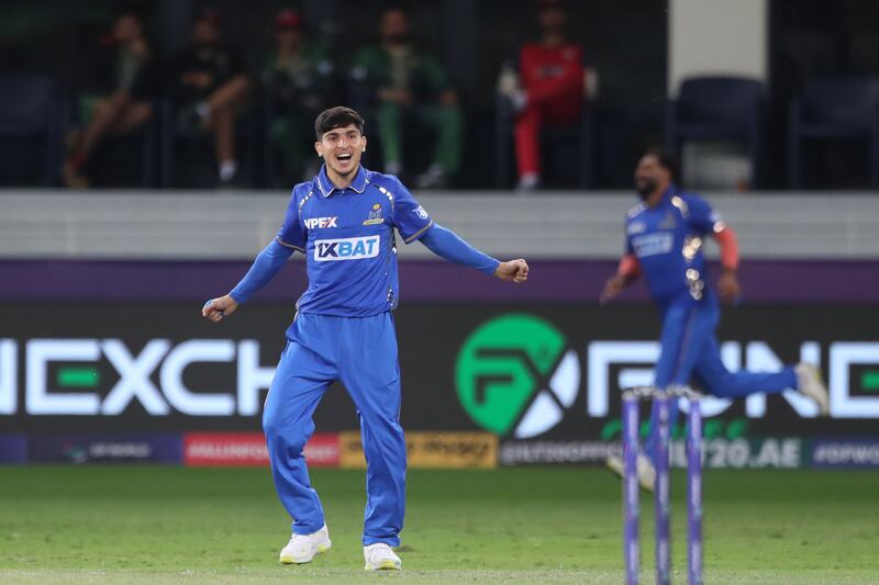 MI Emirates bowler Mohammed Rohid celebrates a wicket against Desert Vipers in trademark Cristiano Ronaldo style. Photo: DP World ILT20