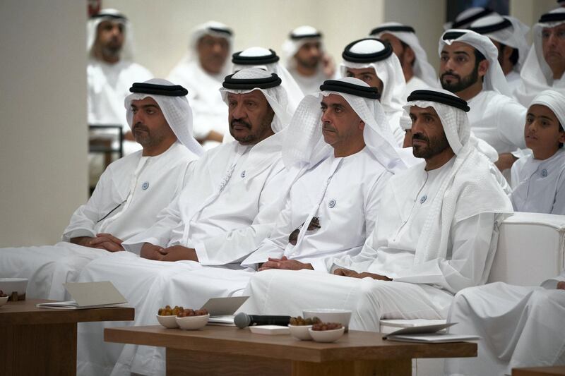 ABU DHABI, UNITED ARAB EMIRATES - May 21, 2018: (L-R) HH Sheikh Hamed bin Zayed Al Nahyan, Chairman of the Crown Prince Court of Abu Dhabi and Abu Dhabi Executive Council Member, HH Sheikh Saeed bin Mohamed Al Nahyan, HH Lt General Sheikh Saif bin Zayed Al Nahyan, UAE Deputy Prime Minister and Minister of Interior and HH Sheikh Nahyan Bin Zayed Al Nahyan, Chairman of the Board of Trustees of Zayed bin Sultan Al Nahyan Charitable and Humanitarian Foundation, listen a lecture by Omar Habtoor Al Darei titled "Reclaiming Religion In The Age of Extremism", at Majlis Mohamed bin Zayed. 

( Hamad Al Kaabi / Crown Prince Court - Abu Dhabi )
---