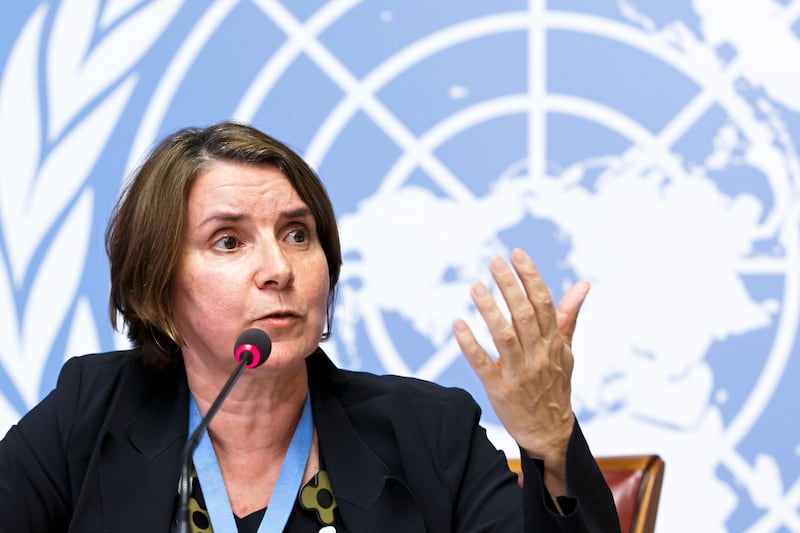 French Catherine Marchi-Uhel, newly appointed head of the International, Impartial and Independent Mechanism, IIIM, on Syria crimes, talks the media during a press conference at the European headquarters of the United Nations in Geneva, Switzerland, Tuesday, Sept. 5, 2017. (Salvatore Di Nolfi/Keystone via AP)