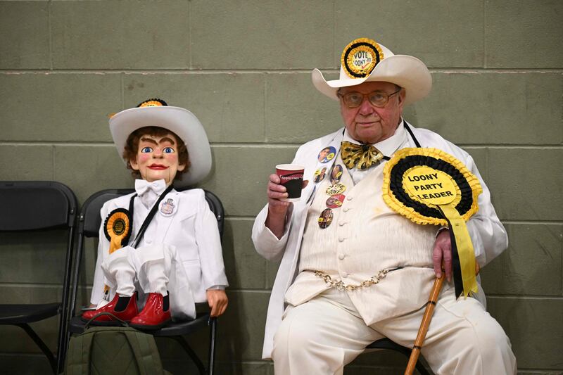 Monster Raving Loony candidate Howling Laud Hope waits for the declaration at the count centre in Blackpool. AFP