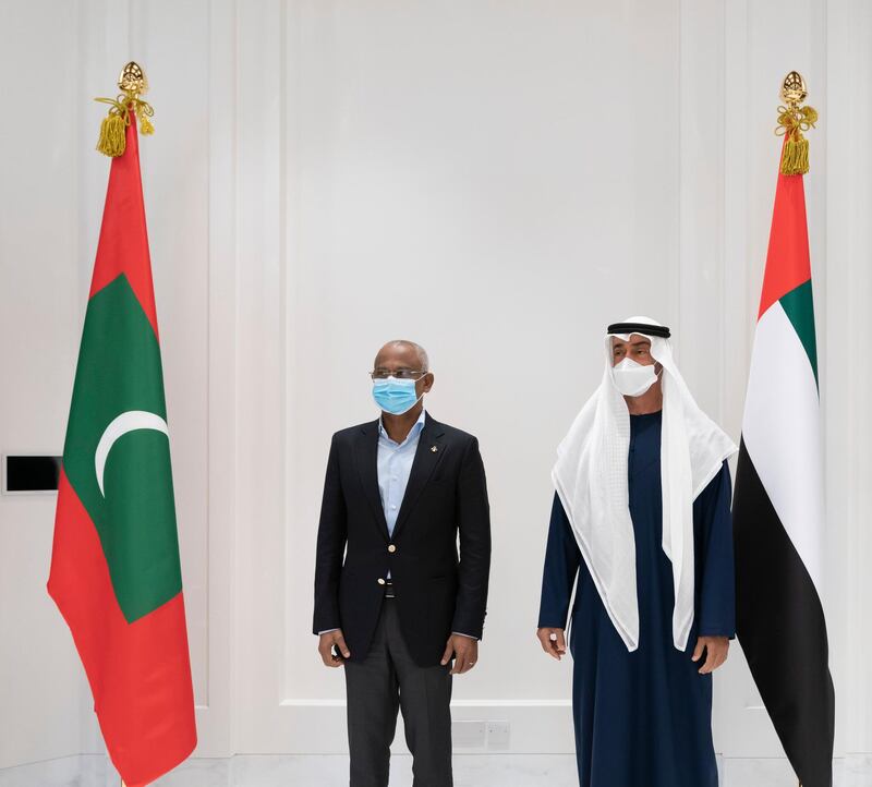 ABU DHABI, UNITED ARAB EMIRATES - January 04, 2021: HH Sheikh Mohamed bin Zayed Al Nahyan, Crown Prince of Abu Dhabi and Deputy Supreme Commander of the UAE Armed Forces (R), and HE Ibrahim Mohamed Solih, President of the Maldives (L), stand for a photograph during a meeting at Al Shati Palace.

( Mohamed Al Hammadi / Ministry of Presidential Affairs )
---