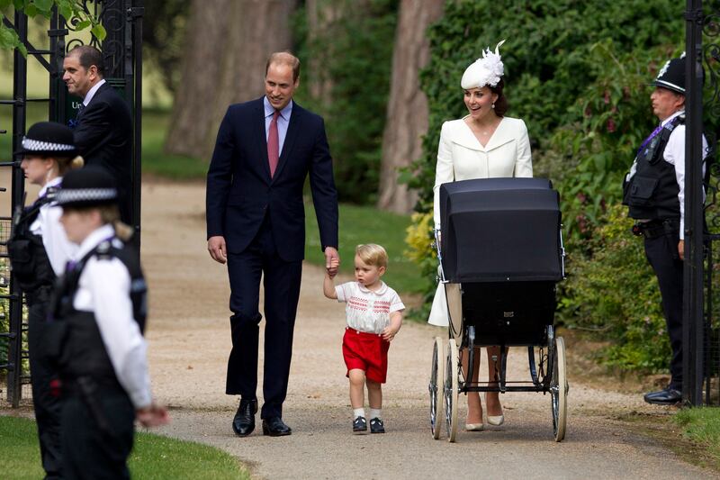 2015: Prince William and Kate arrive with their son Prince George for the christening of their daughter Princess Charlotte at the Church of St Mary Magdalene on the Sandringham estate. Getty Images