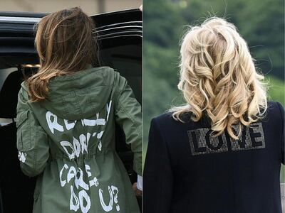 Former first lady Melania Trump wore a Zara jacket emblazoned with the message 'I really don't care, do U?' to a children's immigration centre in Texas in 2018. First lady Jill Biden said her blazer shows the Bidens are bringing love from America. Courtesy AFP