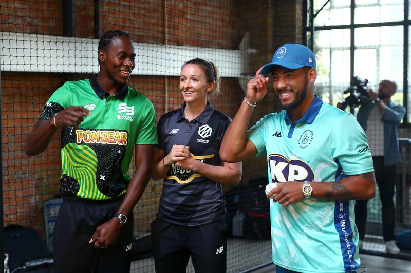 Jofra Archer, left, of Southern Brave, Kate Cross of Manchester Originals - two of the eight teams that will be competing in new 100-ball competition - the Hundred - from Wednesday. Getty