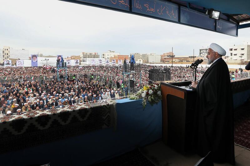 epa07282337 A handout photo made available by Iran's Presidential Office shows Iranian President Hassan Rouhani delivering an address in the city of Gonbad-e Kavous, Golestan province, north-eastern Iran, 14 January 2019. Media quoted Rouhani as saying that an Iranian-made satellite named 'Payam' will be put into orbit in the near future.  EPA/IRANIAN PRESIDENTIAL OFFICE HANDOUT  HANDOUT EDITORIAL USE ONLY/NO SALES