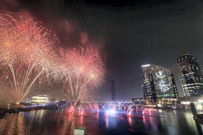 Dubai, United Arab Emirates - August 11, 2019: Fireworks and a lights display on the Eid holiday at Festival City Mall. Sunday the 11th of August 2019. Festival City, Dubai. Chris Whiteoak / The National