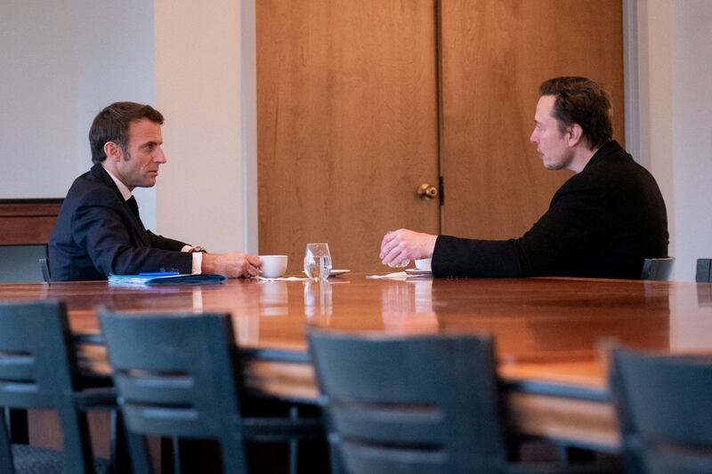 French President Emmanuel Macron and Elon Musk meet in New Orleans, Louisiana. Reuters