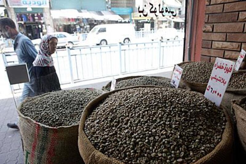 Al-Ghazal coffee shop in Amman displays its beans last week. A kilogramme of premium coffee can now fetch up to $21.