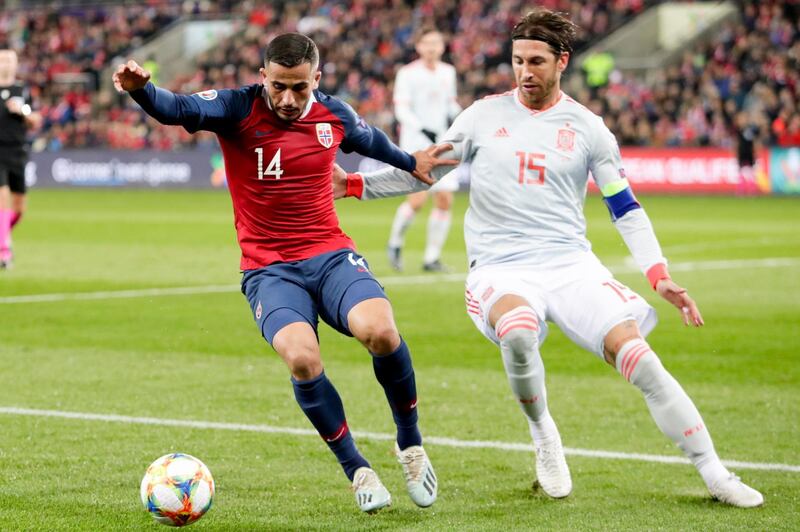 Norway's Omar Eladbellaoui, (L) fights for the ball against Spain's Sergio Ramos, during the UEFA EURO 2020 qualifying Group F soccer match between Norway and Spain at Ullevaal Stadium in Oslo, Norway.  EPA