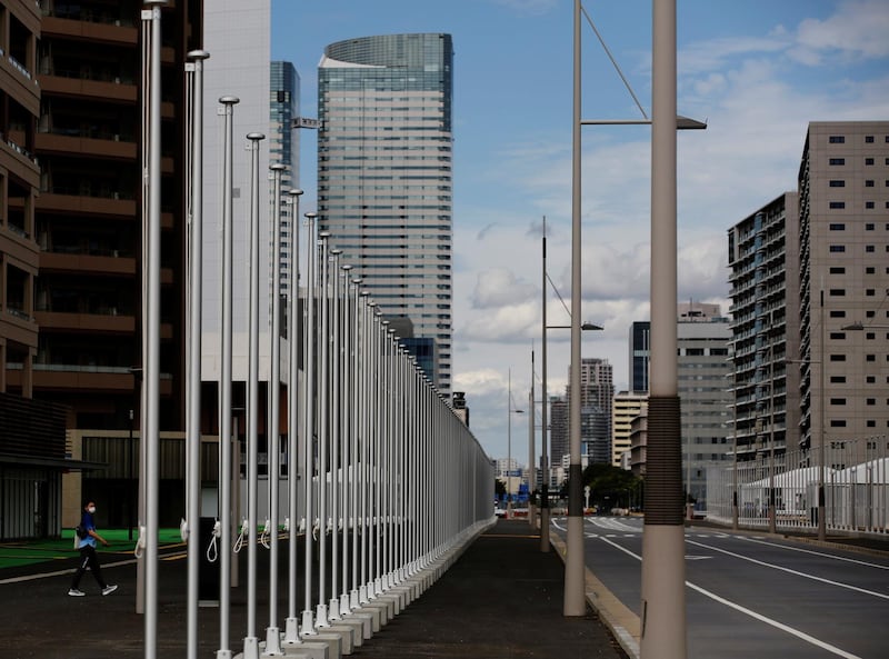 Flag poles at the Tokyo 2020 Olympic and Paralympic Village.