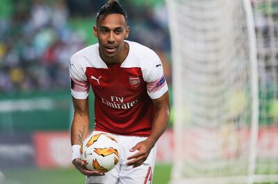 epa07119655 Arsenal's Pierre-Emerick Aubameyang reacts during their UEFA Europa League Group E soccer match with Sporting CP, at Alvalade Stadium, Lisbon, Portugal, 25 October 2018.  EPA/JOSE SENA GOULAO