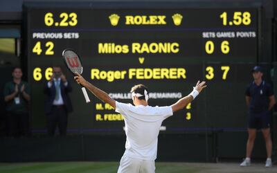 Tennis - Wimbledon - London, Britain - July 12, 2017   Switzerland’s Roger Federer celebrates winning the quarter final match against Canada’s Milos Raonic    REUTERS/Toby Melville