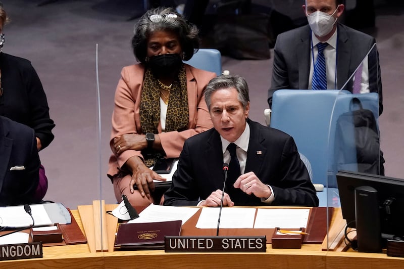 US Secretary of State Antony Blinken addresses the United Nations Security Council. AP Photo