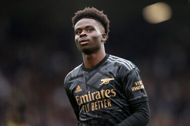 LEEDS, ENGLAND - OCTOBER 16: Bukayo Saka of Arsenal looks on during the Premier League match between Leeds United and Arsenal FC at Elland Road on October 16, 2022 in Leeds, England. (Photo by Alex Pantling / Getty Images)