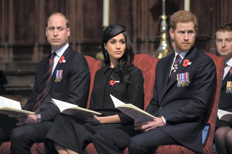 LONDON, ENGLAND - APRIL 25:  Prince William, Duke of Cambridge, Meghan Markle and Prince Harry attend an Anzac Day service at Westminster Abbey on April 25, 2018 in London, England. (Photo by Eddie Mulholland - WPA Pool/Getty Images)