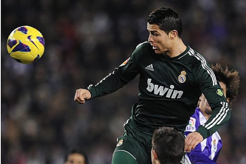 VALLADOLID, SPAIN - DECEMBER 08:  Cristiano Ronaldo of Real Madrid CF heads the ball from a corner kick during the La Liga match between Real Valladolid CF and Real Madrid CF at estadio Jose Zorrilla on December 8, 2012 in Valladolid, Spain.  (Photo by Denis Doyle/Getty Images)