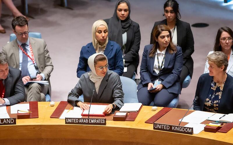 Noura Al Kaabi, UAE Minister of State, speaks at the UN Security Council. Photo: Wam