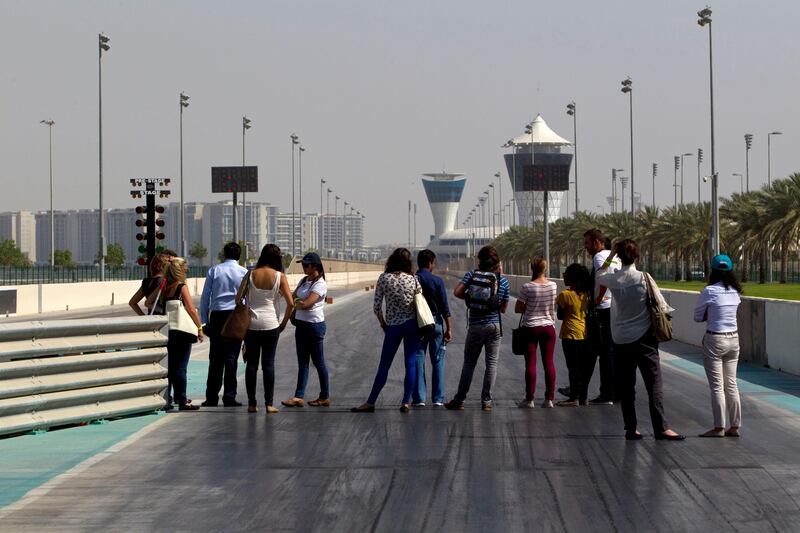 Abu Dhabi, United Arab Emirates, May 27, 2013:    People tour the drag strip while attending a corporate open day at the Yas Marina Circuit in Abu Dhabi on May 27, 2013. Christopher Pike / The National\

