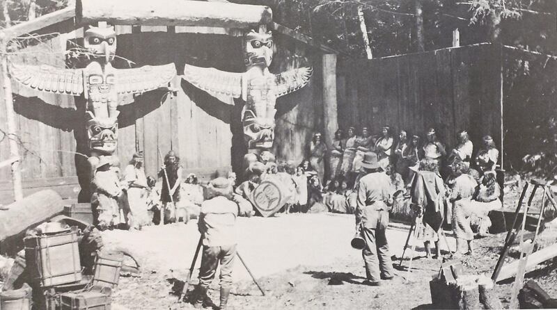 A still from the set of the 1914 film 'In the Land of the Head Hunters'.