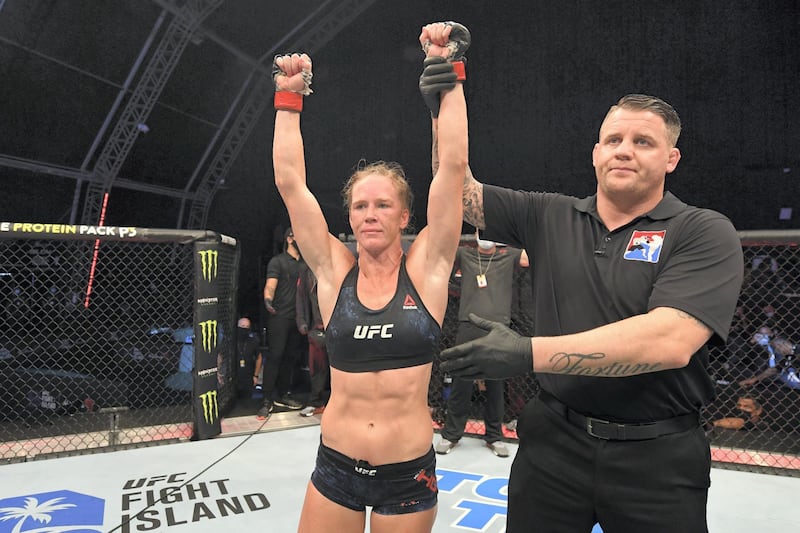 ABU DHABI, UNITED ARAB EMIRATES - OCTOBER 04:  Holly Holm reacts after defeating Irene Aldana of Mexico in their women's bantamweight bout during the UFC Fight Night event inside Flash Forum on UFC Fight Island on October 04, 2020 in Abu Dhabi, United Arab Emirates. (Photo by Josh Hedges/Zuffa LLC)