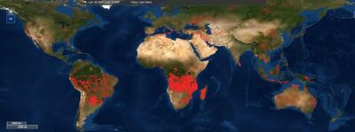 Map showing global wildfires on Thursday. FIRMS