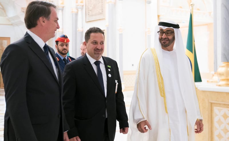 Sheikh Mohamed bin Zayed, Crown Prince of Abu Dhabi and Deputy Supreme Commander of the UAE Armed Forces, meets Jair Bolsonaro, President of Brazil, at the Presidential Palace in Abu Dhabi on Sunday. Courtesy Sheikh Mohamed bin Zayed Twitter