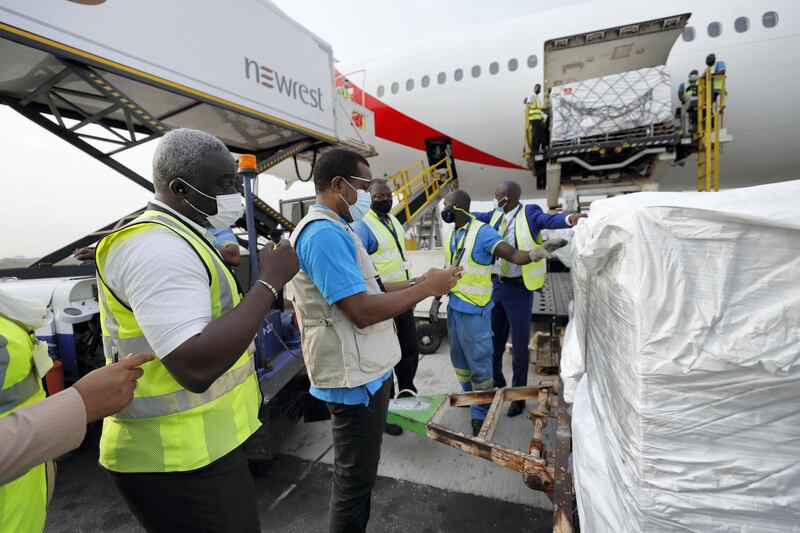 On 24 February 2021, staff unloads the first shipment of COVID-19 vaccines distributed by the COVAX Facility at the Kotoka International Airport in Accra, Ghana's capital. 

The shipment with 600 doses of the vaccine also represents the beginning of what should be the largest vaccine procurement and supply operation in history. The COVAX Facility plans to deliver close to 2 billion doses of COVID-19 vaccines this year. This is an unprecedented global effort to make sure all citizens have access to vaccines.
Anne-Claire Dufay UNICEF UNICEF Representative in Ghana and WHO country representative Francis Kasolo said in a joint statement:
After a year of disruptions due to the COVID-19 pandemic, with more than 80,700 Ghanaians getting infected with the virus and over 580 lost lives, the path to recovery for the people of Ghana can finally begin.

"This is a momentous occasion, as the arrival of the COVID-19 vaccines into Ghana is critical in bringing the pandemic to an end," 

These 600,000 COVAX vaccines are part of an initial tranche of deliveries of the AstraZeneca / Oxford vaccine licensed to the Serum Institute of India, which represent part of the first wave of COVID vaccines headed to several low and middle-income countries.
“The shipments also represent the beginning of what should be the largest vaccine procurement and supply operation in history. The COVAX Facility plans to deliver close to 2 billion doses of COVID-19 vaccines this year. This is an unprecedented global effort to make sure all citizens have access to vaccines.
“We are pleased that Ghana has become the first country to receive the COVID-19 vaccines from the COVAX Facility. We congratulate the Government of Ghana – especially the Ministry of Health, Ghana Health Service, and Ministry of Information - for its relentless efforts to protect the population. As part of the UN Country Team in Ghana, UNICEF and WHO reiterate our commitment to support the vaccination campaign and contain the spread 