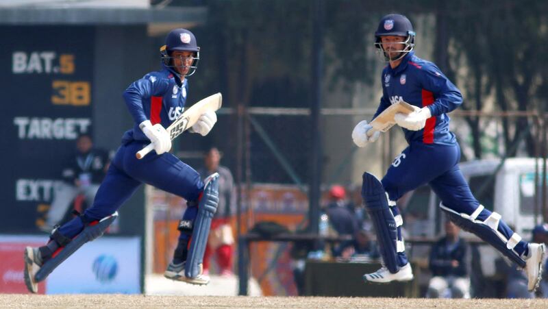 Akshay Homraj (L) and Ian Holland of USA in action during the ICC Cricket World Cup League 2 match between USA and Oman at TU Cricket Stadium on 6 February 2020 in Nepal (1)