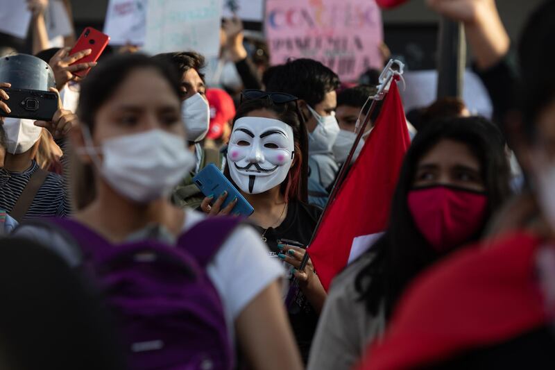 Demonstrators gather during a protest at San Martin square in Lima. Bloomberg